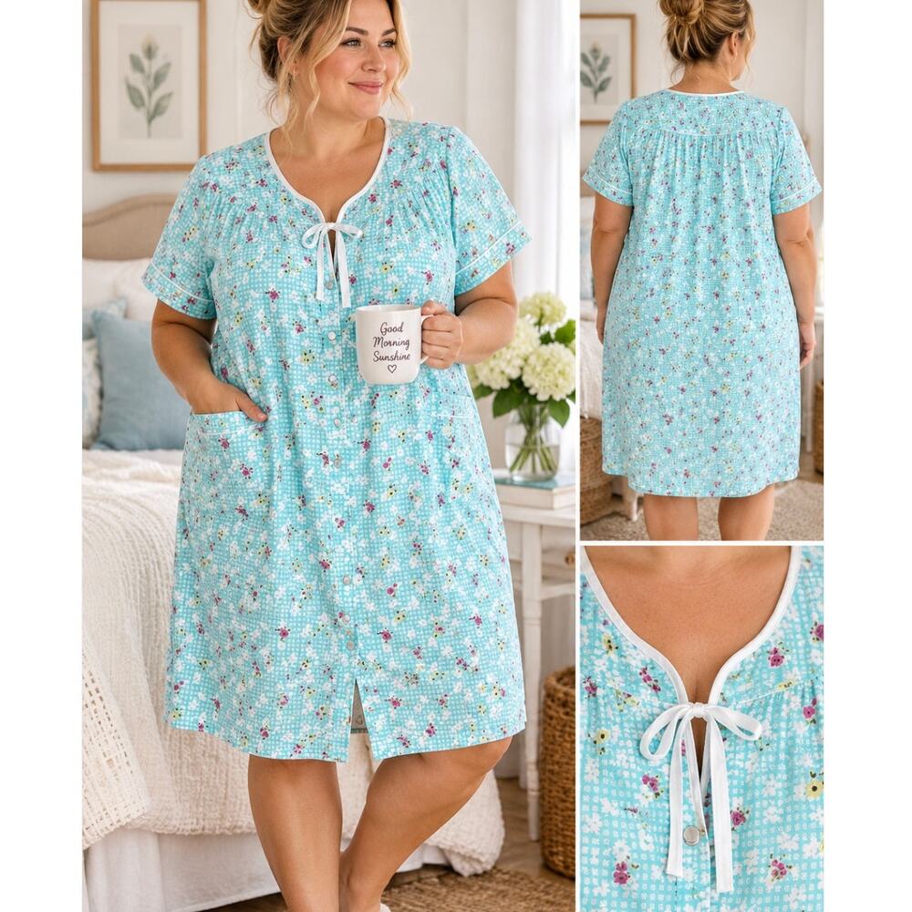 Ashley Taylor Housecoat 2X Floral Snap Front Duster Robe Cottagecore Vintage